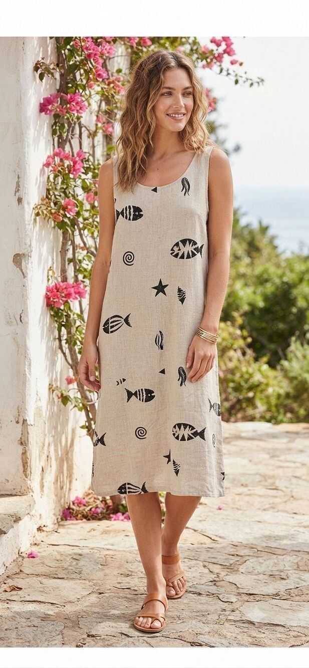 Vintage Connie Choi linen blend lightweight beachy print dress size Large